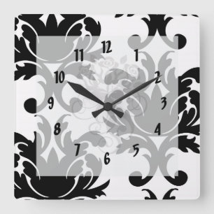 large white and black bold damask square wall clock