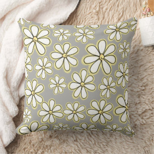 Large White And Yellow Daisy Flowers On Grey Throw Pillow