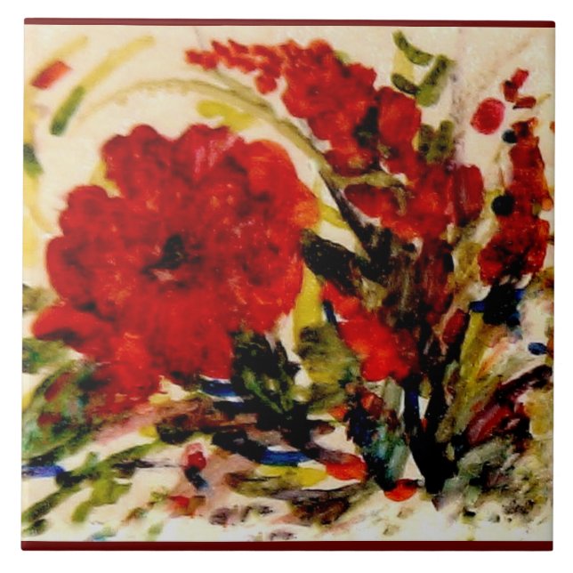 Large White Ceramic tile, beautiful floral in red! Tile (Front)
