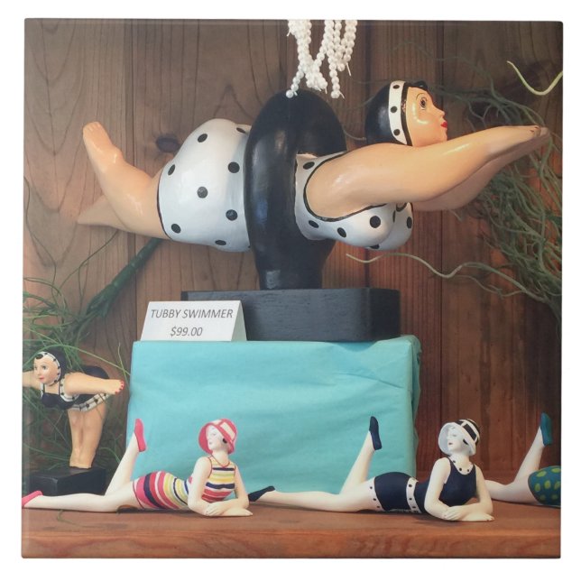 Large White Ceramic Tile! Unique Ceramic Swimmers! Tile (Front)