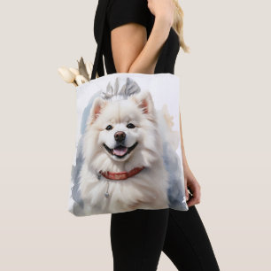 LARGE WHITE FLUFFY SAMOYED DOG TOTE BAG