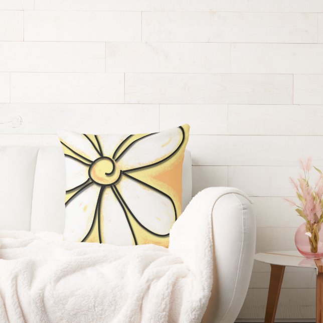 Large White Graphic Daisy Flower Throw Pillow (Couch)