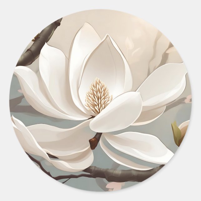 Large White Magnolia Flower Classic Round Sticker (Front)