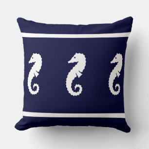 Large white on navy  SEA HORSE   coastal living Throw Pillow