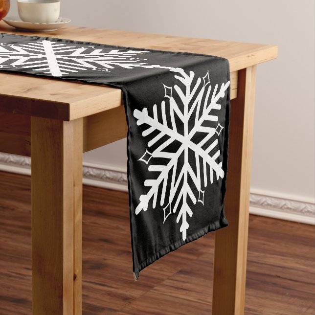 Large White Simple Snowflakes on Black Background Short Table Runner (In Situ)