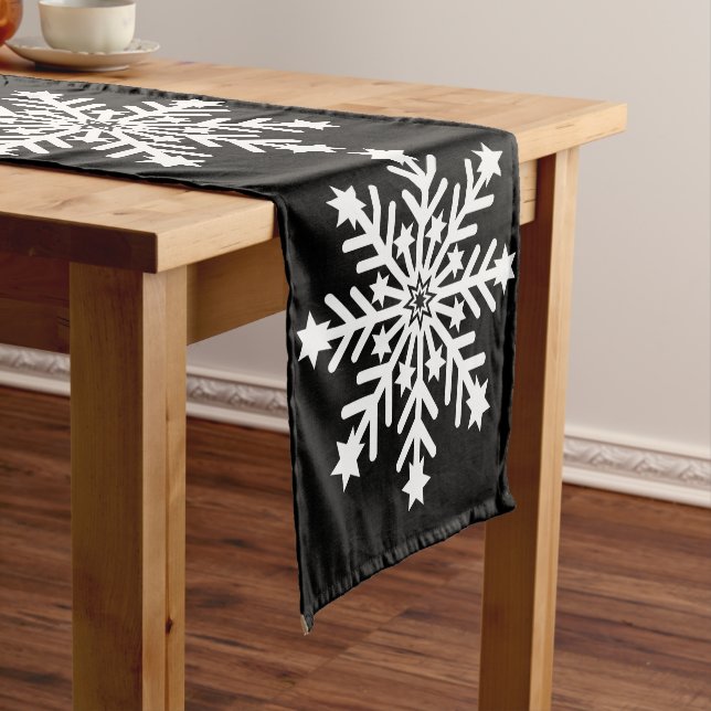 Large White Star Snowflakes on Black Background Short Table Runner (In Situ)