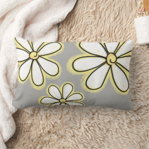 Large White Yellow Daisy Flowers On Grey Pattern Lumbar Pillow