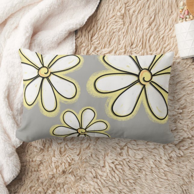 Large White Yellow Daisy Flowers On Grey Pattern Lumbar Pillow (Blanket)