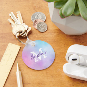 Large Wht Monogram & Purple Script Name Iridescent Keychain