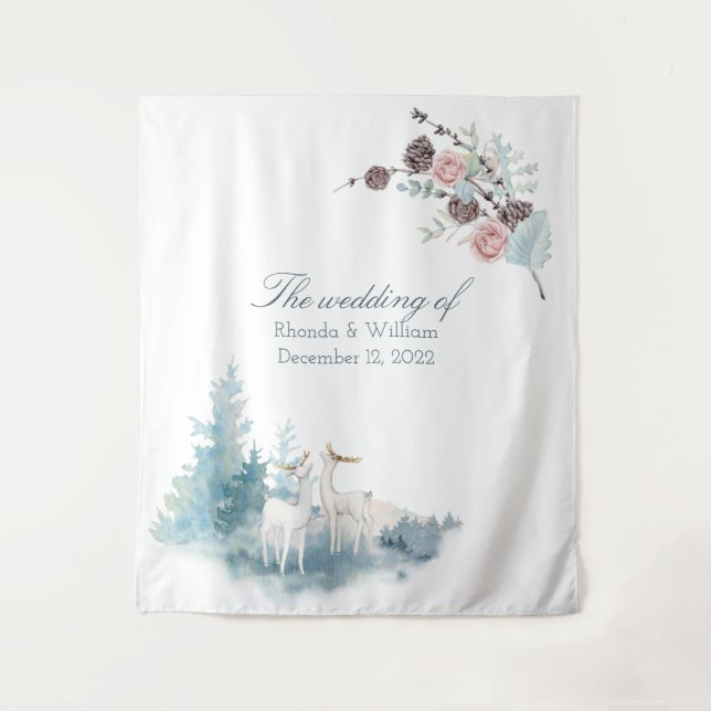 Large Winter Deer Foliage Watercolor Wedding  Tapestry (Front)