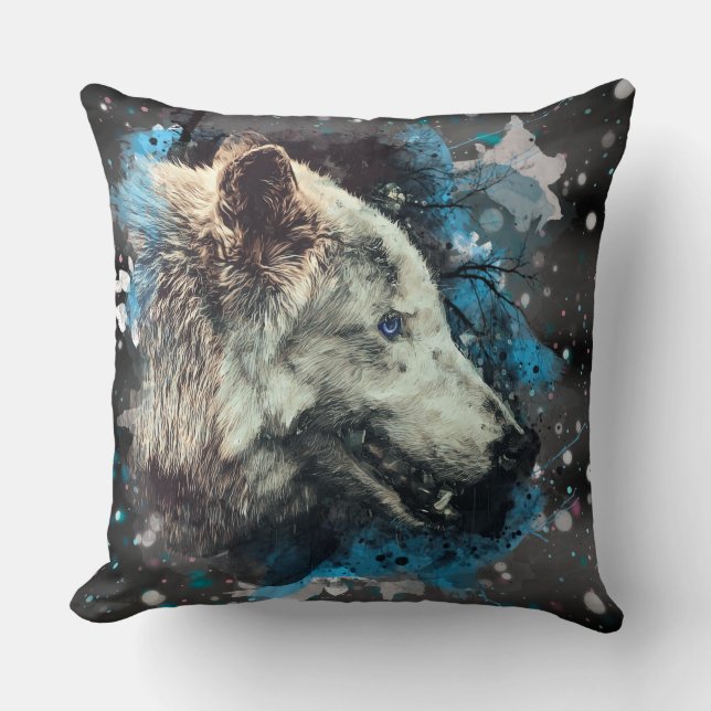 *~*  Large Wolf Totem Blue Abstract Polyester Boho Throw Pillow (Front)