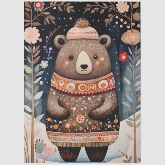 Large Woodland Forest Bear Floral Decoupage  Tissue Paper (Front)