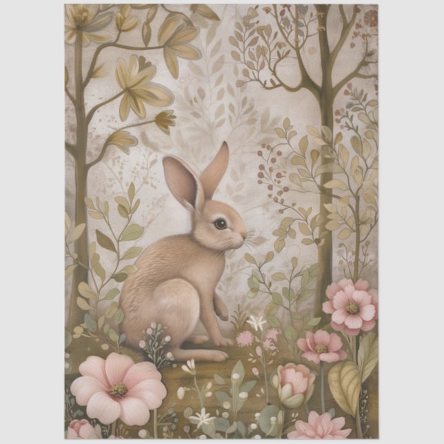 Large Woodland Forest Florals & Rabbit Decoupage  Tissue Paper (Front)