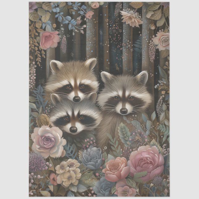 Large Woodland Forest Florals & Raccoon Decoupage  Tissue Paper (Front)
