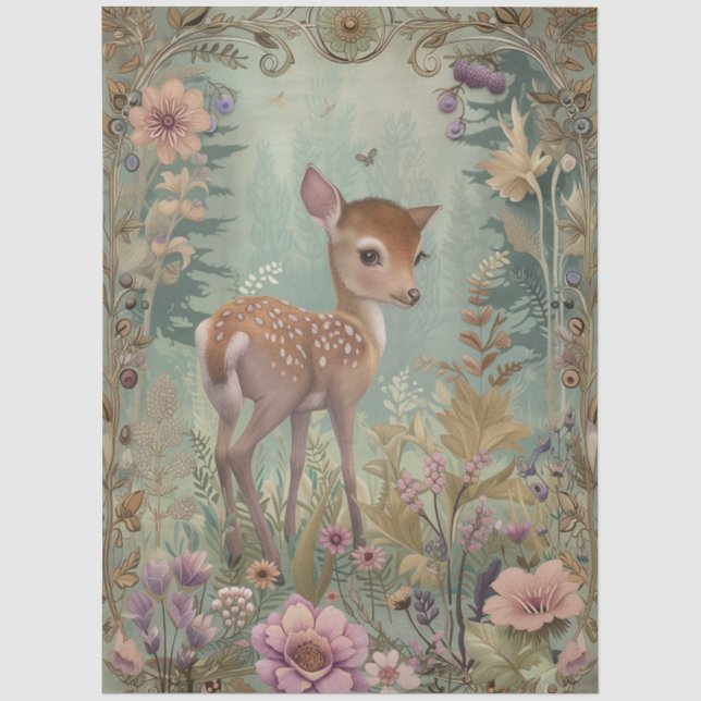 Large Woodland Forest Florals Reindeer Decoupage  Tissue Paper (Front)