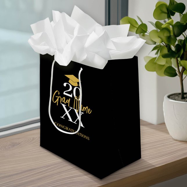 Large Year - Name and Cap - Black Gold Graduation Medium Gift Bag (Custom Graduation Gift Bag with a pace for the graduate's name)
