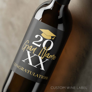 Large Year - Name and Cap - Black Gold Graduation Wine Label