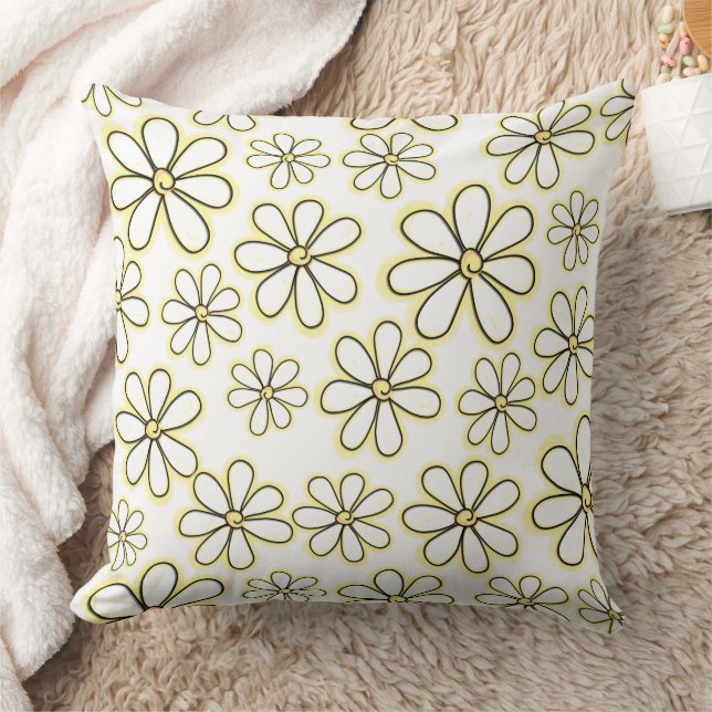 Large Yellow Daisy Flowers On White Pattern Throw Pillow (Blanket)