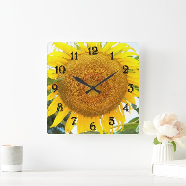 Large Yellow Sunflower Floral Square Wall Clock (Home)