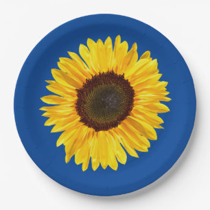 Large Yellow Sunflower on Blue Background Paper Plate