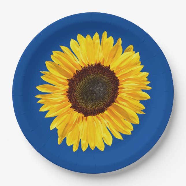 Large Yellow Sunflower on Blue Background Paper Plate (Front)