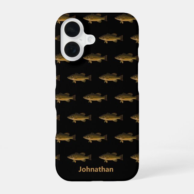 Largemouth Bass Fish Pattern and Name iPhone 16 Case (Back)