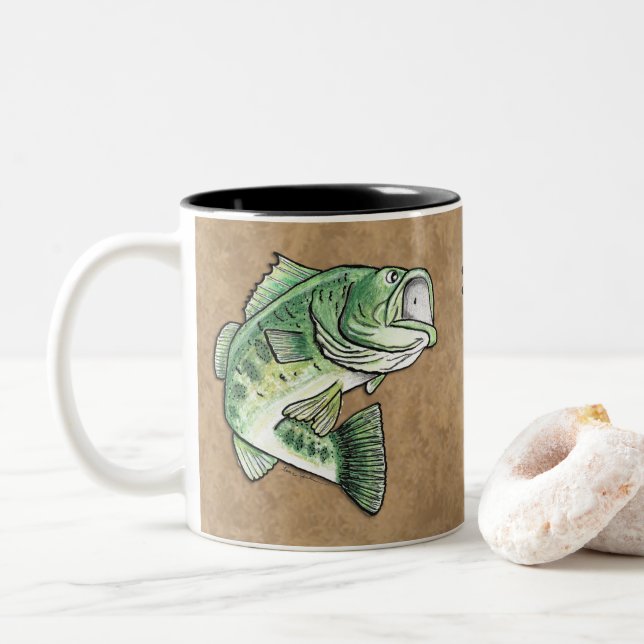 Largemouth Bass Jumping Dragonfly Fishing Two-Tone Coffee Mug (With Donut)