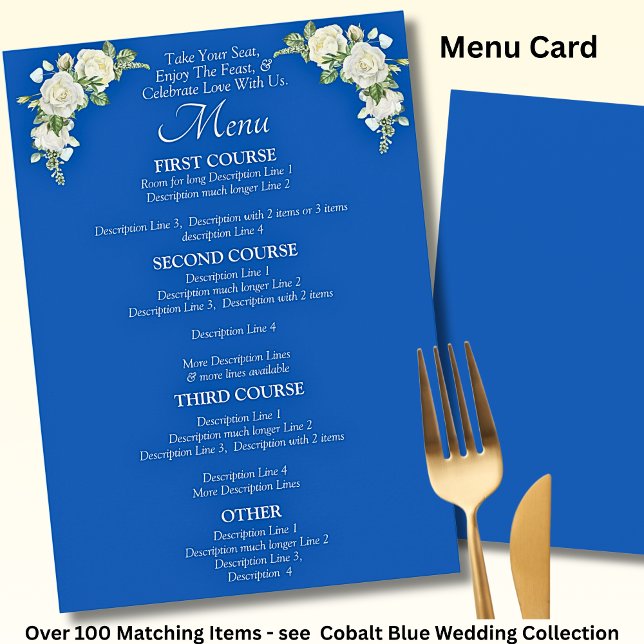 Larger Menu Card - Cobalt Blue & White Roses (Creator Uploaded)