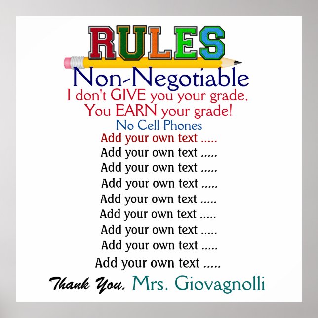 Larger Version Teacher Classroom Rules Poster (Front)