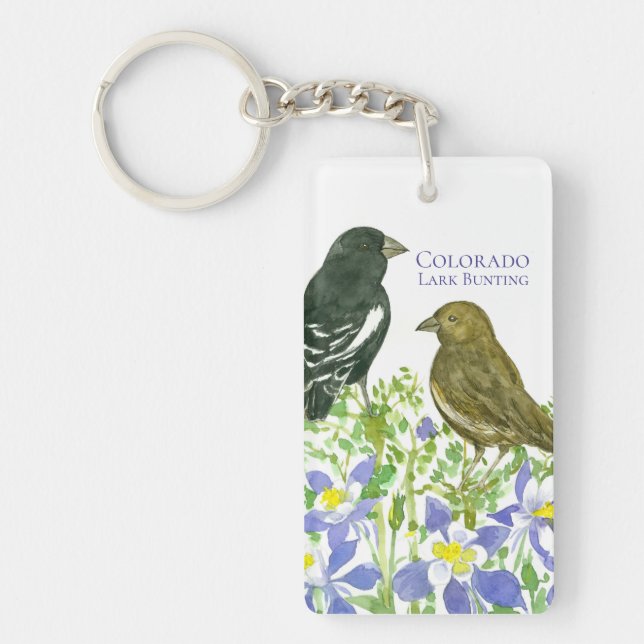 Lark Bunting Birds Colorado Columbine Watercolor Keychain (Front)