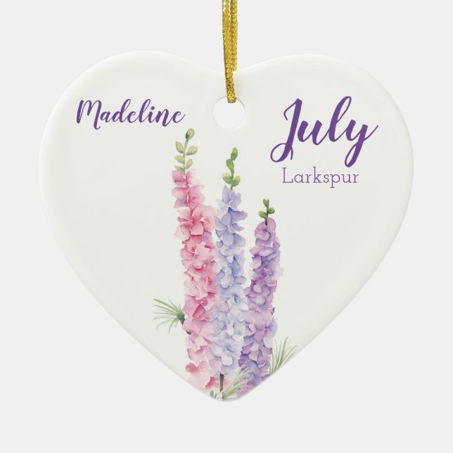 Larkspur July Birth Flower Ceramic Ornament (Front)
