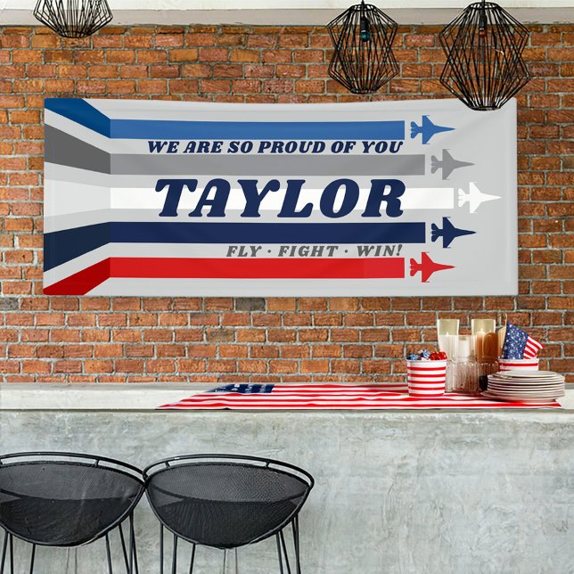 L'Armée de l'Air Joue la banderole militaire de la (Patriotic gray US Air Space Force jet plane Airman Name BMT going away party banner decoration)