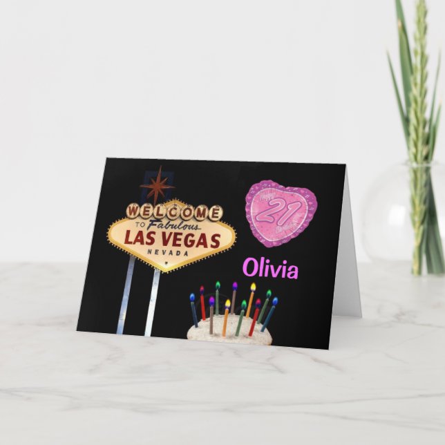 Las Vegas 21st Birthday PINK HEART BALLOON Card (Front)