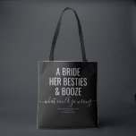 Las Vegas Bachelorette Funny Bride Besties Booze T Tote Bag<br><div class="desc">Funny Black and Grey Las Vegas Bachelorette custom tote bag with "A bride, her besties, and booze ... what could go wrong?" funny quote in modern trendy large font with calligraphy script accent and personalized text for the occasion, date, and location. All colours and fonts are editable if you'd like...</div>