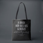 Las Vegas Bachelorette Funny Bride Besties Booze T Tote Bag<br><div class="desc">Funny Black and Grey Las Vegas Bachelorette custom tote bag with "A bride, her besties, and booze ... what could go wrong?" funny quote in modern trendy large font with calligraphy script accent and personalized text for the occasion, date, and location. All colours and fonts are editable if you'd like...</div>