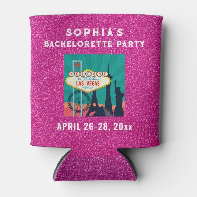 Las Vegas Bacherolette Party Favour Pink Glitter Can Cooler (Front)