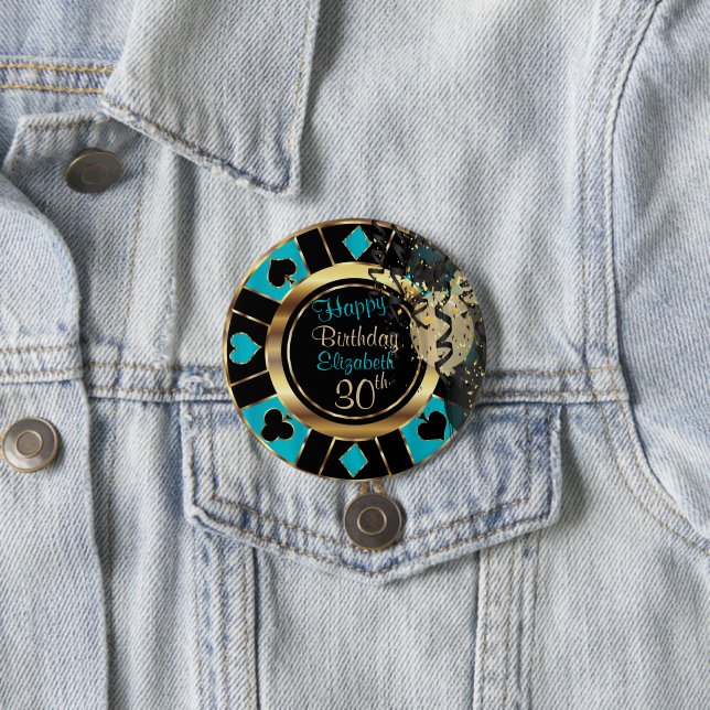 Las Vegas Birthday Party - Teal 3 Inch Round Button (In Situ)