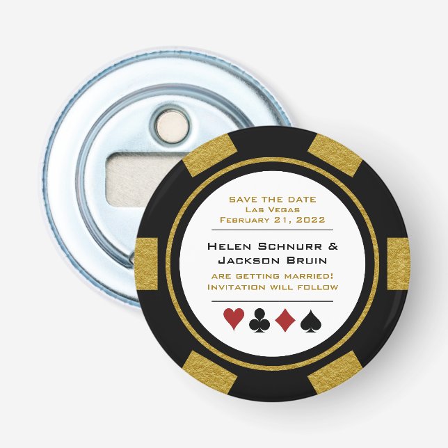 Las Vegas Black Gold Poker Chip Save The Date Bottle Opener (Front)