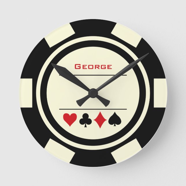 Las Vegas Casino Black Off White Poker Chip Round Clock (Front)