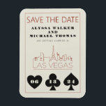 Las Vegas Casino Skyline Wedding Save The Date Magnet<br><div class="desc">A fun and modern wedding Save the Date magnet to excite your guests for your wedding in Las Vegas! This Save the Date features graphite black bold playing card suit graphics, a modern Las Vegas skyline rendering, and fully customizable font and text on ivory cream background. On the back, you...</div>