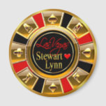 Las Vegas Deluxe Gold & Red Casino Chip Favour Magnet<br><div class="desc">If you're Doing It In Vegas or having a Las Vegas themed wedding or reception, these gold, red & black casino chip magnets make the perfect wedding favours! For questions & requests, email me at glamprettyweddings.com/contact. Matching wedding invitations, save the date cards, RSVP cards, envelope decals and stickers are also...</div>