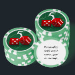 Las Vegas Dice Craps Table Poker Chips<br><div class="desc">* Crap table background with red Las Vegas Dice - a real Gamblers Delight ! * Nice as a parting gift, wedding reception gifts or Las Vegas personalized Wedding gift for your wedding crew. * Poker chips have nine colour options. * Choose font style, colour and size of text for...</div>