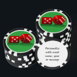 Las Vegas Dice Poker Chips<br><div class="desc">* Green background with red Las Vegas Dice - a real Gamblers Delight ! * Nice as a parting gift, wedding reception gifts or Las Vegas personalized Wedding gift for your wedding crew. * Poker chips have nine colour options. * Change background colour to colour of your choice. * Choose...</div>
