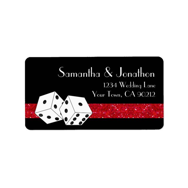 Las Vegas Dice Theme Ruby Red & Black Faux Glitter Label (Front)
