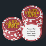 Las Vegas Girl Poker Chips<br><div class="desc">* Crap table background with neon Lights 'Las Vegas Girl' - a real Gamblers Delight ! * Nice as a parting gift, wedding reception gifts or Las Vegas personalized Wedding gift for your wedding crew. * Poker chips have nine colour options. * Change the background colour (black) to a colour...</div>