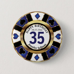 Las Vegas Happy Birthday in Dark Blue Poker Chip 2 Inch Round Button