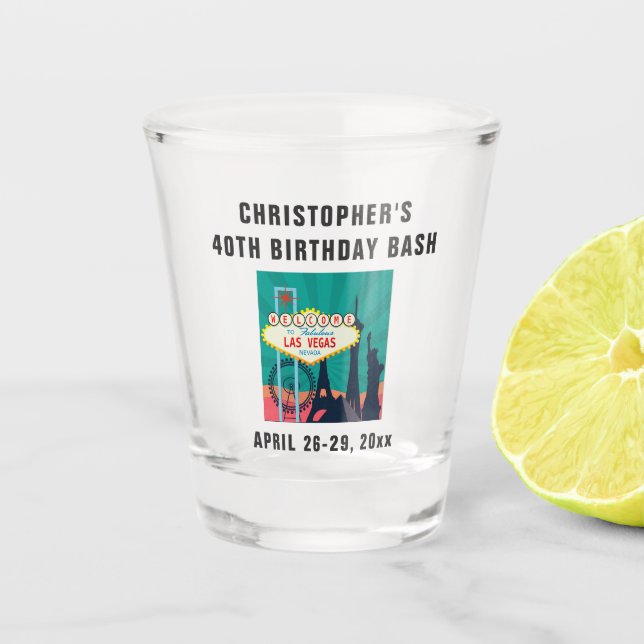 Las Vegas Landmark Birthday Party Trip Favour Shot Glass (Front)