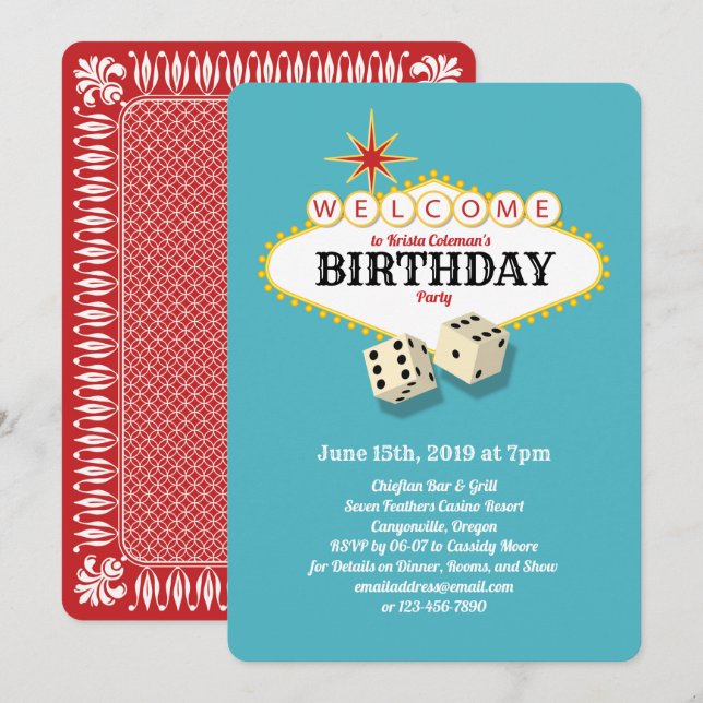 Las Vegas Marquee Birthday Party Aqua Invitation (Front/Back)