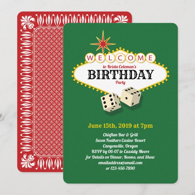 Las Vegas Marquee Birthday Party Green 2 Invitation (Front/Back)