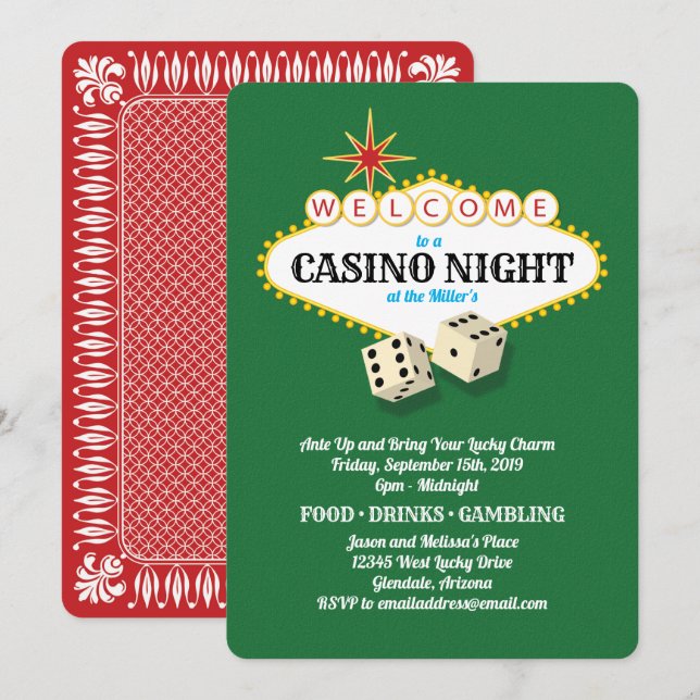Las Vegas Marquee Casino Night Green Invitation (Front/Back)